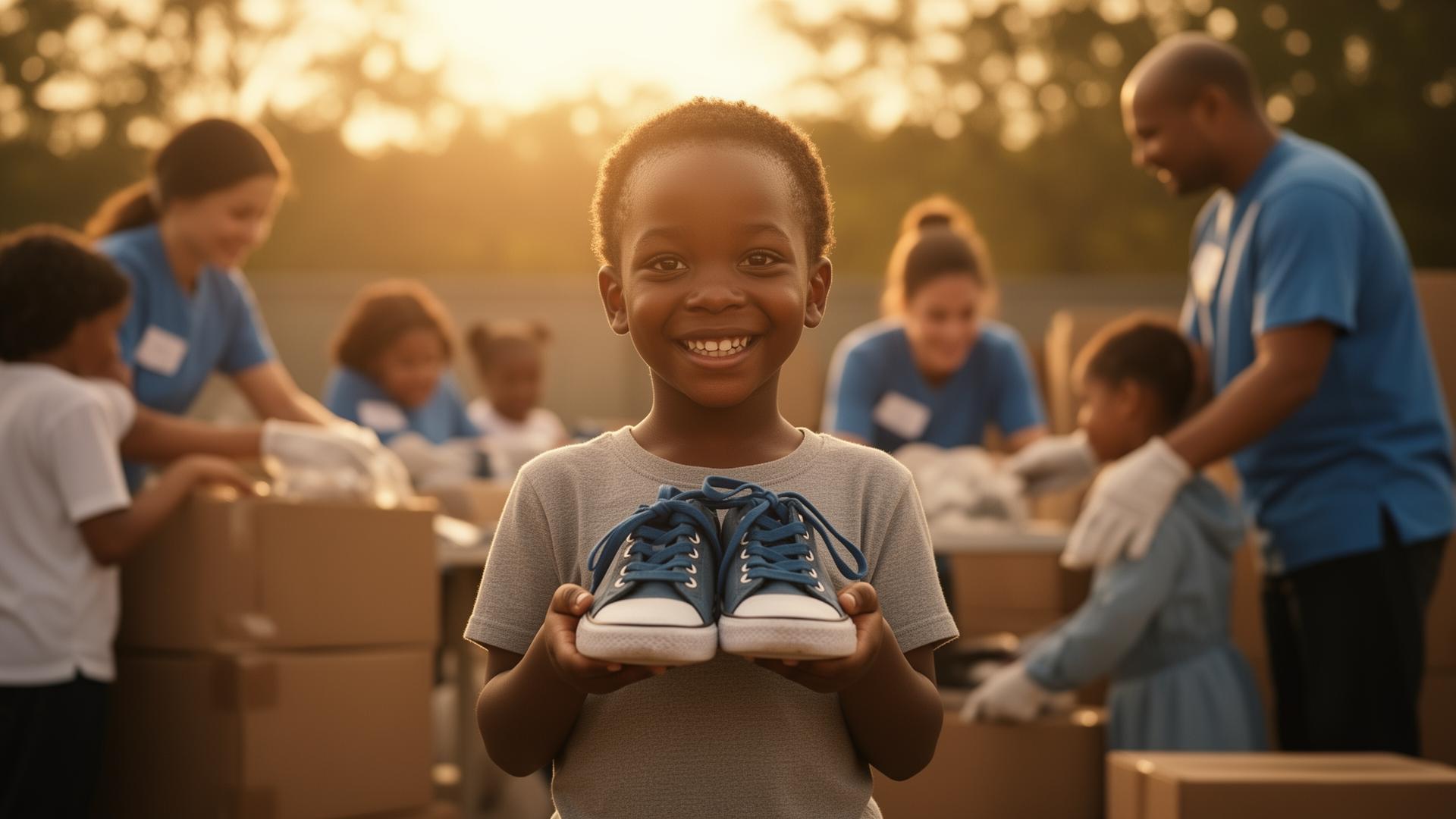 Child smiling with new shoes surrounded by community volunteers